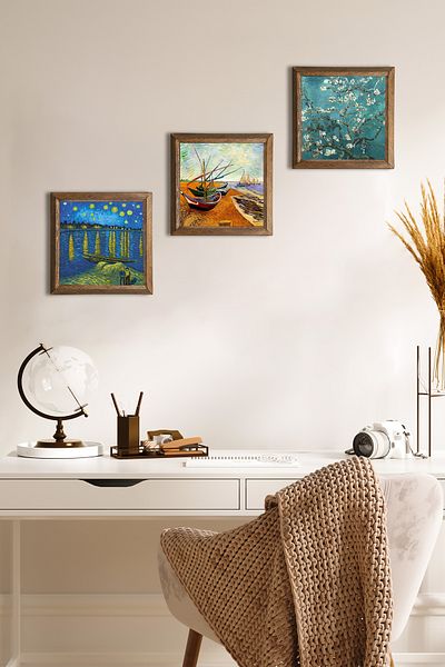 Pinecone Van Gogh Stone Wall Painting with Wood Frame Wall Decor 3 Piece Painting Set Wall Art W3-507