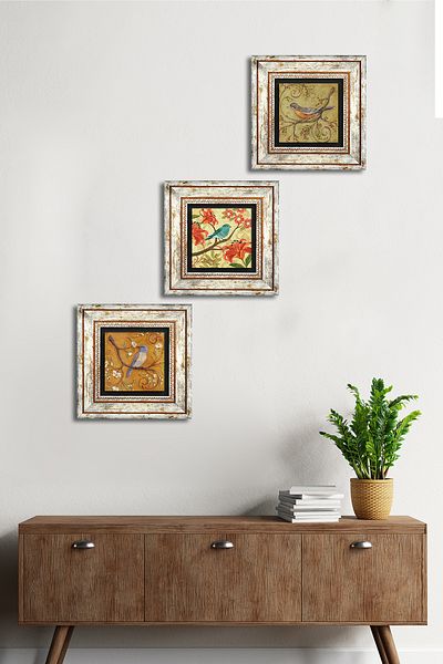 Pinecone Păsări, Păsări Pictură pe perete din piatră Decor de perete înrămat Set de pictură din 3 piese Artă de perete
