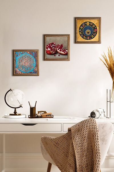 Pinecone Flower of Life, Evil Eye Bead, Pomegranate Stone Wall Painting Wood Framed Wall Decor Painting Set W3-1609