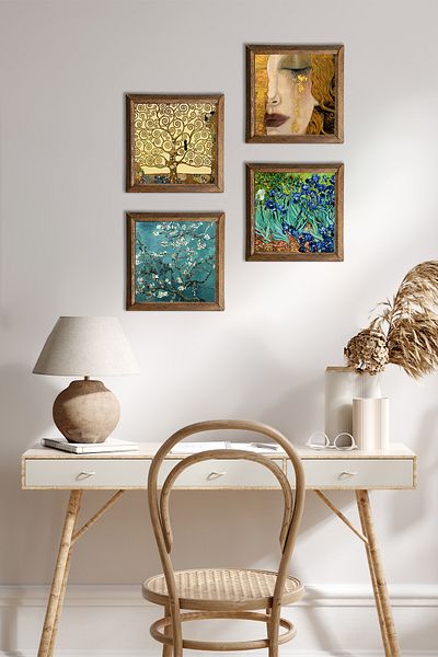 Pinecone Van Gogh, Gustav Klimt Stone Wall Painting Wood Framed Wall Decor 4 Piece Painting Set W4-1037
