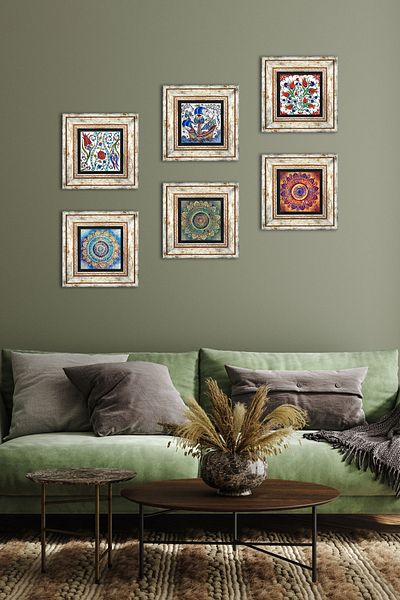 Pinecone Mandala, Tile Art Sailing Ship, Tulip Stone Wall Painting Framed Wall Decor Set of 6 Wall Art