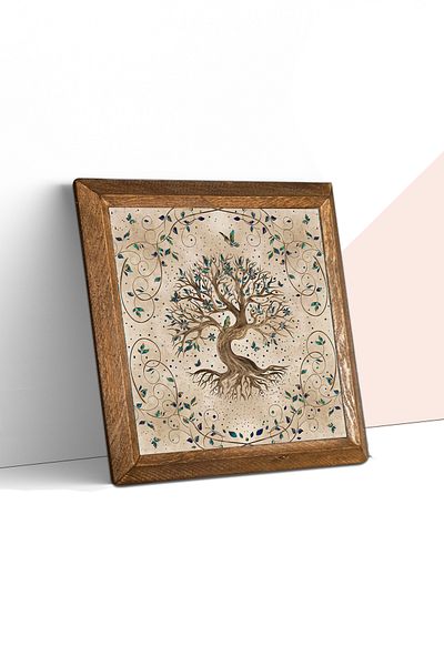 Pinecone Tree of Life Stone Wall Painting Wooden Framed Wall Decor Wall Art 25X25Cm W1-07