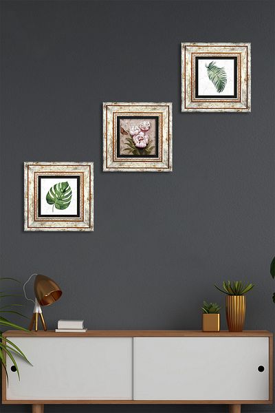 Pinecone Leaf, Flower with Butterfly Stone Wall Painting Framed Wall Decor 3 Piece Painting Set Wall Art