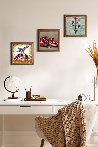 Pinecone Ebru Art, Chiară, Piatră de rodie Pictură murală Set de pictură decorativă de perete cu rame din lemn W3-892