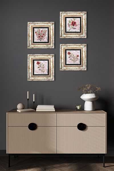 Pinecone Rose Flower Stone Wall Painting Framed Wall Decor 4 Piece Painting Set Wall Art