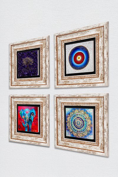 Pinecone Evil Eye, Mandala, Tree of Life, Elephant Stone Wall Painting Framed Wall Decor Set of 4 Paintings Tk4-1165