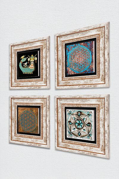 Pinecone Flower of Life, Art of Chinaware, Shahmeran Stone Wall Painting Framed Wall Decor Set of 4 Painting Tk4-446