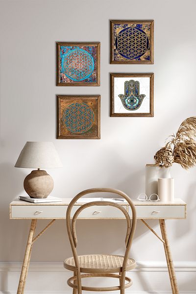 Pinecone Flower of Life, Fatma Mother Hand Stone Wall Painting with Wooden Frame Wall Decor 4 Piece Painting Set W4-416