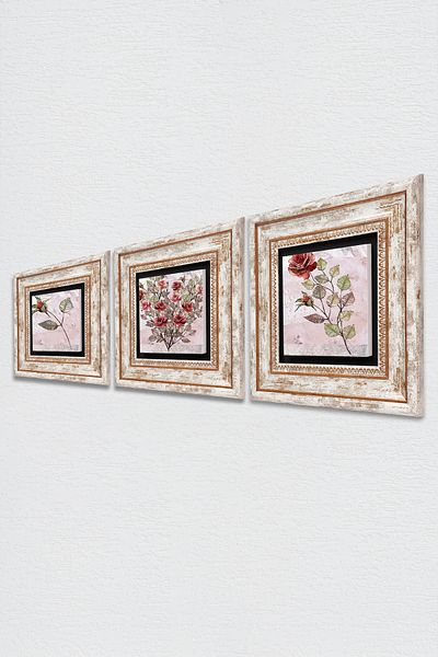 Pinecone Pictură pe perete cu flori de trandafir, cu cadru, decor de perete, set de pictură din 3 piese, artă de perete Tk3-1715