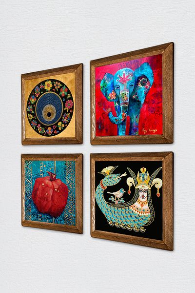 Pinecone Elephant, Evil Eye, Shahmeran, Pomegranate Stone Wall Painting Wooden Framed Wall Decor 4 Piece Painting Set