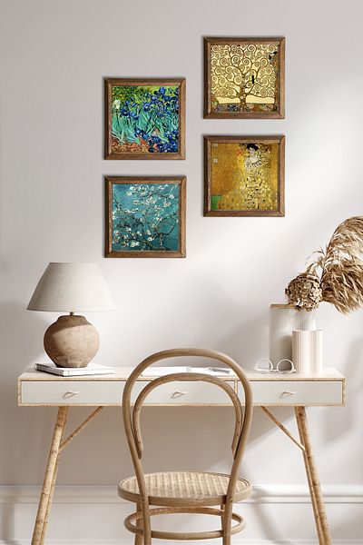 Pinecone Gustav Klimt, Van Gogh Stone Wall Painting with Wood Frame Wall Decor 4 Piece Painting Set W4-678