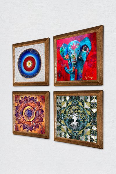 Pinecone Evil Eye, Tree of Life, Mandala, Elephant Stone Wall Painting Wooden Framed Wall Decor 4 Piece Painting W4-887