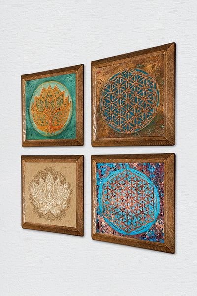 Pinecone Flower of Life, Lotus Flower Stone Wall Painting Wood Framed Wall Decor Set of 4 Painting W4-120