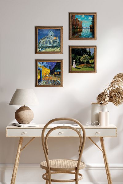Pinecone Van Gogh, Claude Monet Stone Wall Painting with Wood Frame Wall Decor 4 Piece Painting Set W4-683