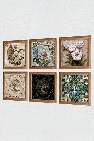 Pinecone Flower with Butterfly, Tree of Life Stone Wall Painting Wood Framed Wall Decor Set of 6 Painting Wall Art