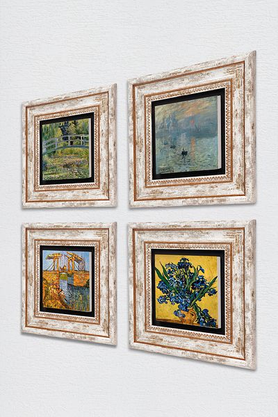 Pinecone Van Gogh, Claude Monet Stone Wall Painting Framed Wall Decor 4 Piece Painting Set Wall Art Tk4-1187