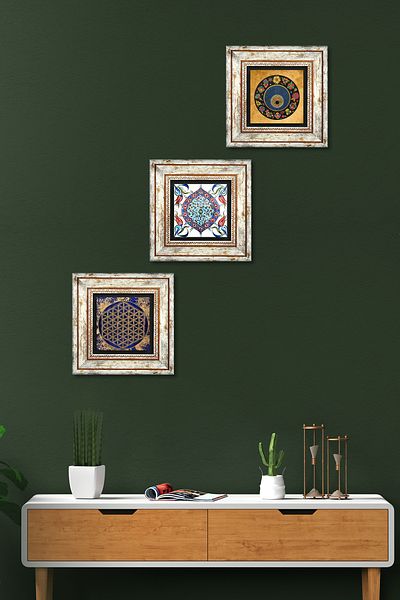 Pinecone Flower of Life, Evil Eye Bead, Tile Art Stone Wall Painting Framed Wall Decor Set of 3 Tk3-355