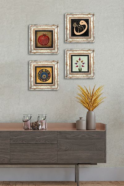 Pinecone Tulip, Vav, Evil Eye, Prayer of Fertility Stone Wall Painting Framed Wall Decor 4 Piece Painting Set Tk4-201