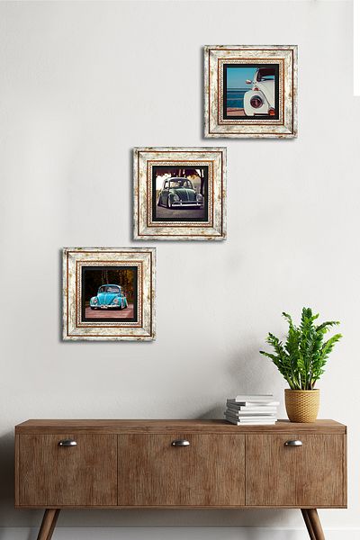 Pinecone Vosvos Car Stone Wall Painting Framed Wall Decor 3 Piece Painting Set Wall Art Tk3-1882