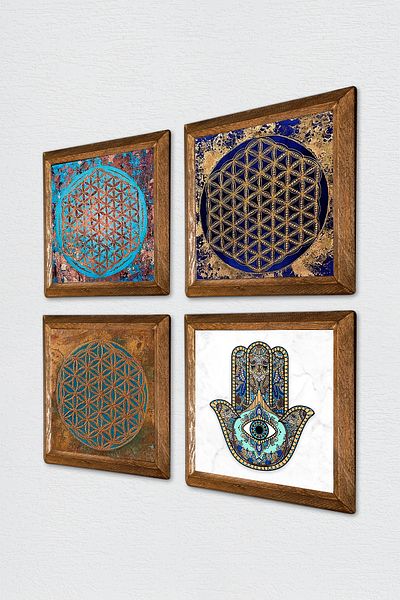 Pinecone Flower of Life, Fatma Mother Hand Stone Wall Painting with Wooden Frame Wall Decor 4 Piece Painting Set W4-416