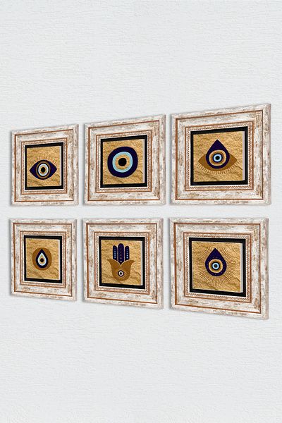 Pinecone Fatma Ana Hand (HAMSA), Pictură pe perete cu piatră Nazar Decor de perete înrămat Set de pictură 6 piese Tk6-88