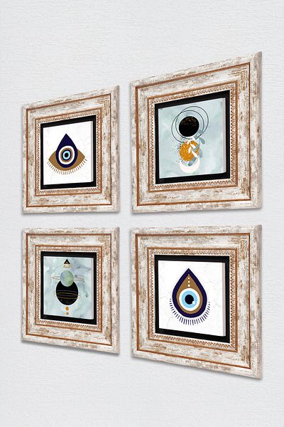 Pinecone Evil Eye, Minimalist Abstract Stone Wall Painting Framed Wall Decor 4 Piece Painting Set Tk4-1474