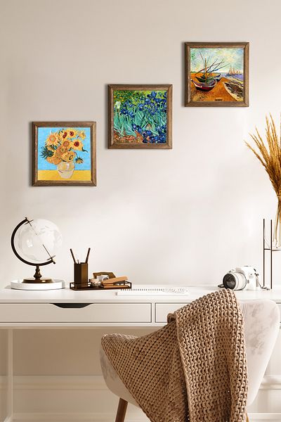 Pinecone Barci de pescuit Van Gogh, douăsprezece vază de floarea soarelui, irisuri pictură pe perete de piatră decor de perete înrămat
