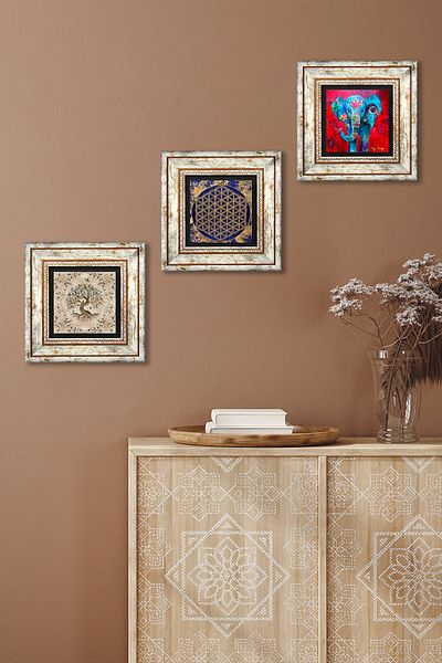 Pinecone Elephant, Flower of Life, Tree of Life Stone Wall Painting Framed Wall Decor 3 Piece Table Set Tk3-333
