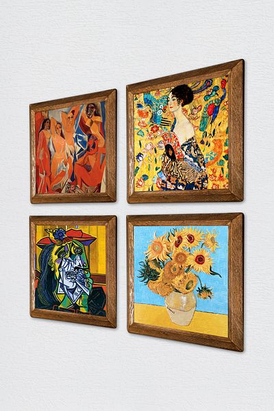 Pinecone Picasso, Van Gogh, Gustav Klimt Pictură pe perete din piatră Decor de perete cu rame din lemn Set de pictură din 4 piese