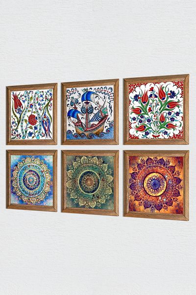Pinecone Mandala, Tile Art Sailing Ship, Tulip Stone Wall Painting Wooden Framed Wall Decor 6-Piece Painting