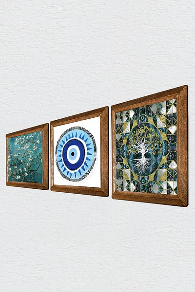 Pinecone Evil Eye, Tree of Life, Van Gogh Almond Tree Stone Wall Painting Wooden Framed Wall Decor 3 Piece Painting