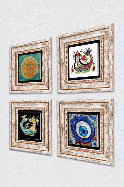 Pinecone Evil Eye, Floarea Lotusului, Pictură de perete din piatră Shahmeran Decor de perete înrămat Set de pictură 4 piese Tk4-1530