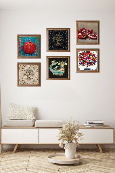 Pinecone Şahmeran, Tree of Life, Pomegranate Tree, Pomegranate Stone Wall Painting Wooden Framed Wall Decor Set of 6 Paintings