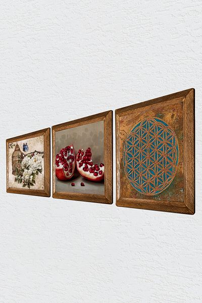Pinecone Flower of Life, Butterfly Flower, Pomegranate Stone Wall Painting Wood Framed Wall Decor Painting W3-1123