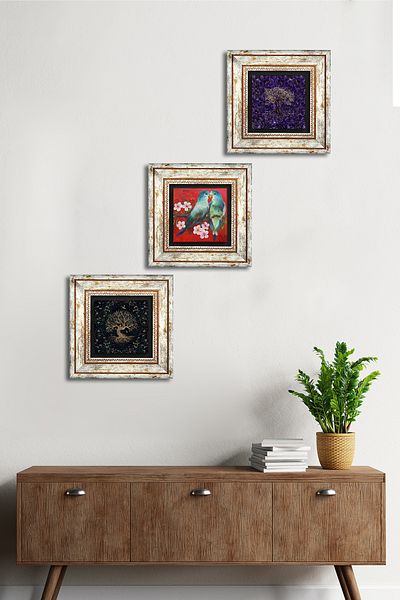 Pinecone Păsări, Arborele Vieții Pictură pe perete din piatră cu rame Decor de perete Set de pictură din 3 piese Artă de perete