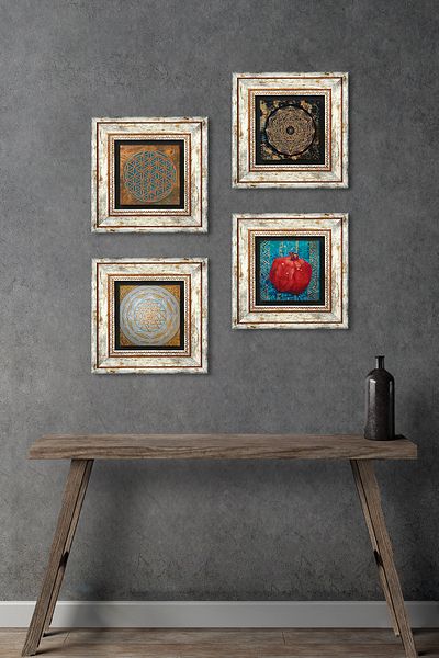 Pinecone Λουλούδι της Ζωής, Sri Yantra, Πέτρινη Ζωγραφική Τοίχου Ρόδι Διακόσμηση Τοίχου με κορνίζα 4 τεμαχίων Σετ ζωγραφικής Tk4-552