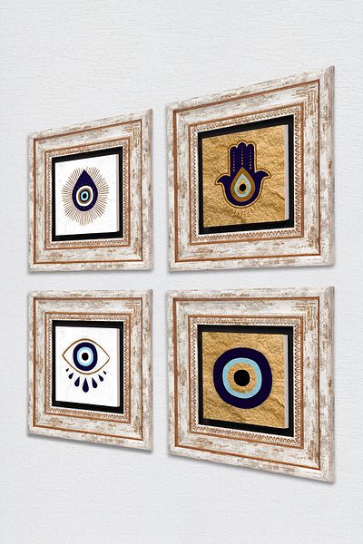 Pinecone Fatma Ana Hand (HAMSA), Pictură pe perete cu piatră Nazar Decor de perete înrămat Set de pictură 4 piese Tk4-1080