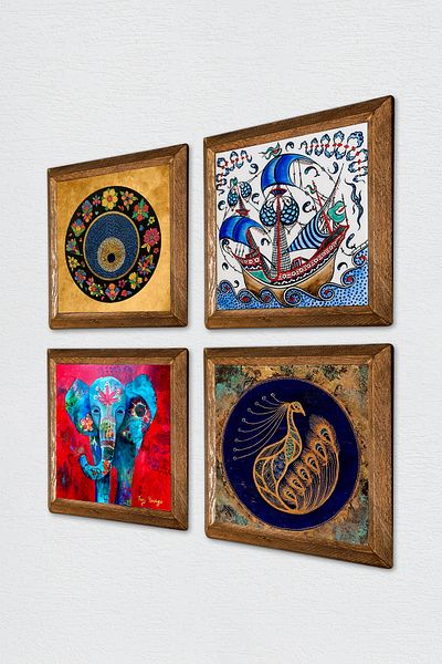 Pinecone Elefant, Păun, Navă cu pânze de artă din țiglă, Pictură murală cu piatră cu ochi rău Decor de perete cu rame din lemn
