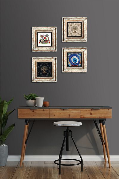 Pinecone Evil Eye, Şahmeran, Arborele Vieţii Pictură pe perete din piatră Decor de perete înrămat Set de pictură 4 piese Tk4-1559