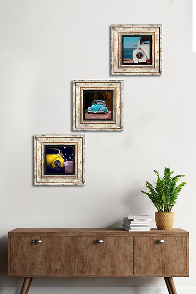 Pinecone Vosvos Car Stone Wall Painting Decor de perete înrămat Set de pictură 3 piese Wall Art Tk3-1880