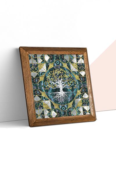 Pinecone Tree of Life Stone Wall Painting Wooden Framed Wall Decor Wall Art 25X25Cm W1-238