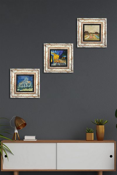 Pinecone Van Gogh Stone Wall Painting Framed Wall Decor 3 Piece Painting Set Wall Art Tk3-477