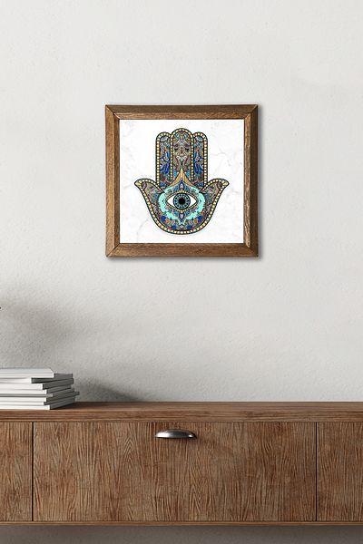 Pinecone Fatma Mother Hand (Hamsa) Stone Wall Painting with Wooden Frame Wall Decor Wall Art 25X25Cm