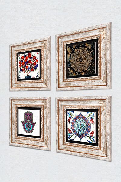 Pinecone Sri Yantra, Mâna Maicii Fatma (HAMSA), Artă din țiglă, Pictură pe perete din piatră de rodie Decor de perete înrămat