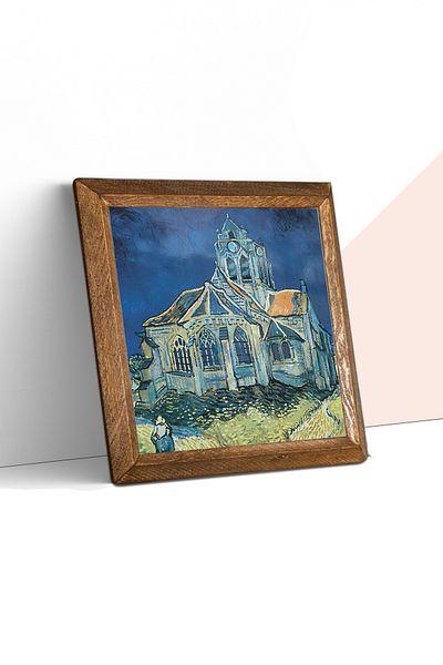 Pinecone Vincent Van Gogh Church in Auvers Stone Wall Painting Wood Framed Wall Decor Wall Art 25x25cm