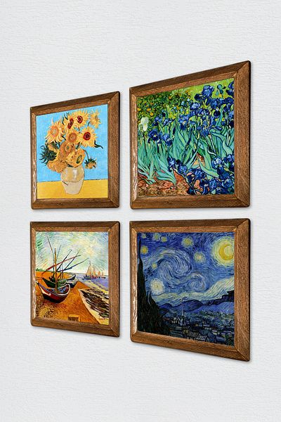 Pinecone Van Gogh Stone Wall Painting with Wood Frame Wall Decor 4 Piece Painting Set Wall Art W4-72