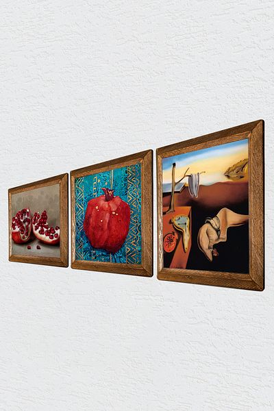 Pinecone Salvador Dalí The Persistence of Memory, Pictură pe perete din piatră de rodie cu cadru din lemn Decor de perete Set de pictură din 3 piese