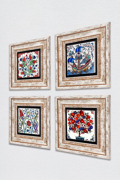Pinecone Navă cu pânze, lalele, pictură pe perete din piatră de rodie, decor de perete înrămat, set de 4 artă de perete