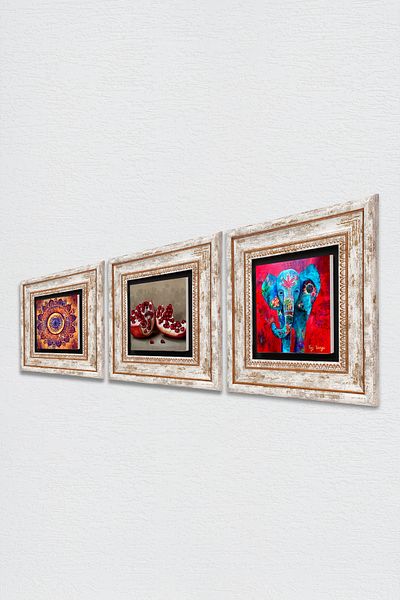 Pinecone Mandala, Elephant, Pomegranate Stone Wall Painting Framed Wall Decor 3 Piece Painting Set Wall Art Tk3-1689