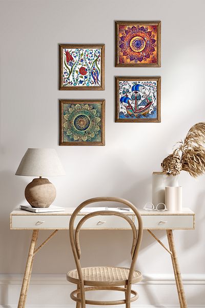 Pinecone Mandala, Tulip, Tile Art Sailing Ship Stone Wall Painting Wooden Framed Wall Decor 4 Piece Painting